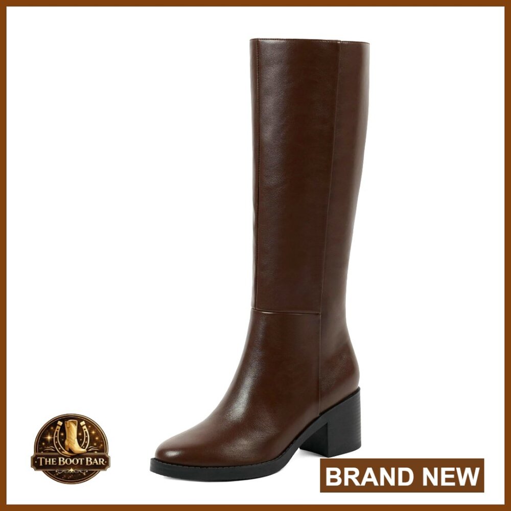 Knee High Boots Chunky Heel Round Toe Side Zipper Faux Leather Dress Boots